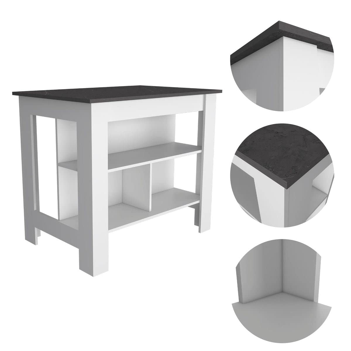 White Brooklyn Kitchen Island with Onix Surface & Shelves for Small Spaces