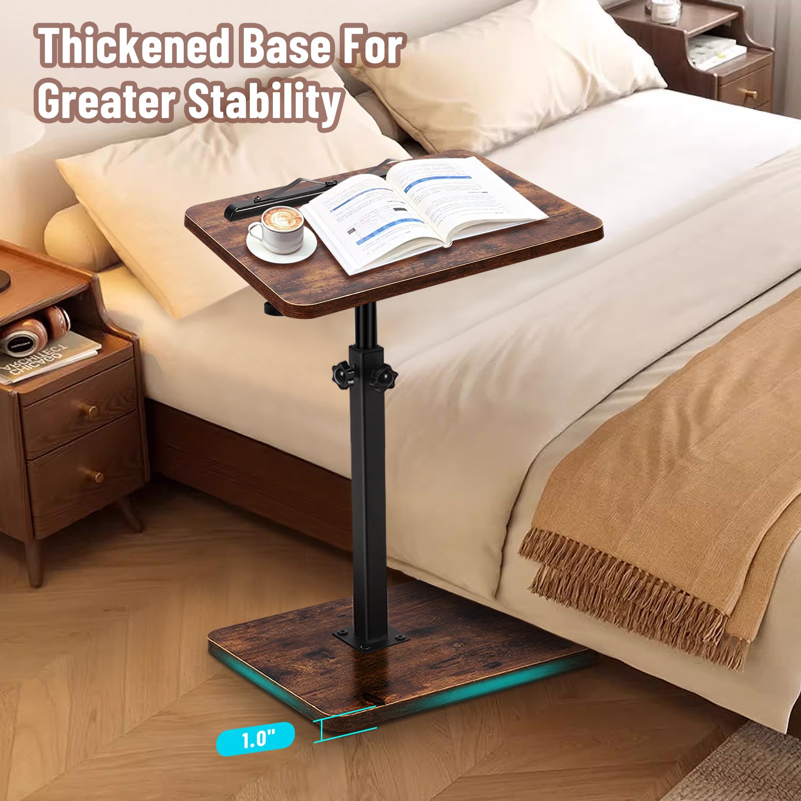 360° Swivel Adjustable TV Tray Table with Book Clip & Device Holder - C-Shaped End Table for Sofa, Bed, Bathtub - Perfect for Reading, Snacking & Relaxing (Rustic Finish)