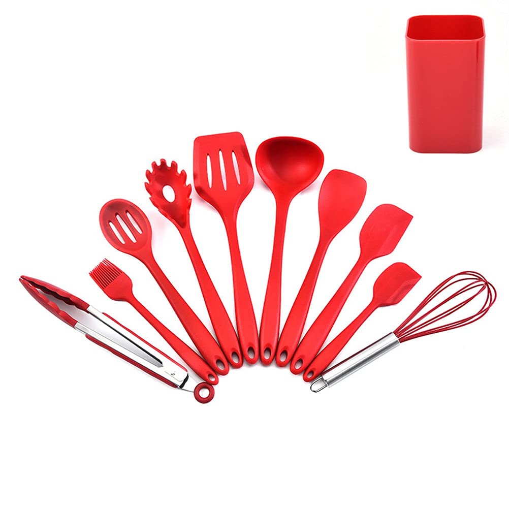 10/11PCS Silicone Kitchen Utensil Set - Non-Stick Cooking Tools with Spatula, Ladle, Egg Beater & Spoon - Heat Resistant & BPA Free (Gray/Red) - Perfect for Baking, Frying & Everyday Cooking