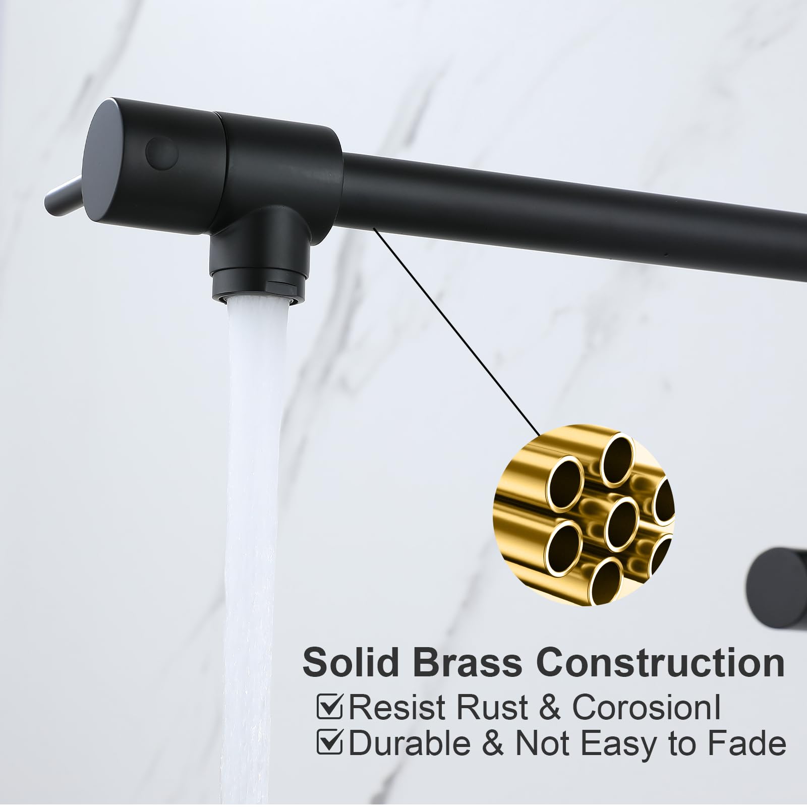 TRJIKAG Commercial Black Wall Mount Pot Filler Faucet - Stretchable Double Joint Swing Arm Kitchen Sink Faucet for Professional & Home Kitchens | Perfect for Cooking, Filling Large Pots & Washing Dishes