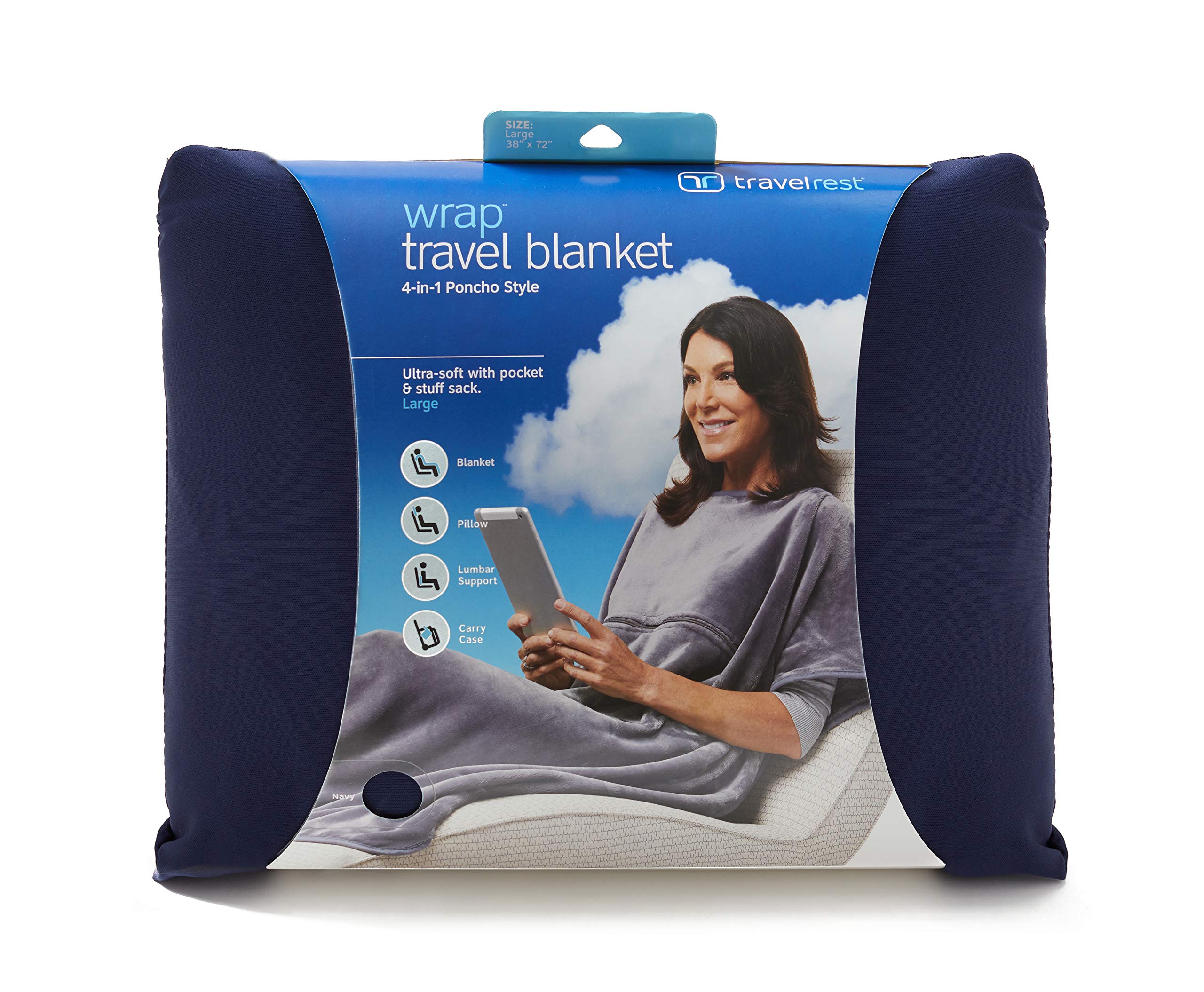 TRAVELREST 4-in-1 Travel Blanket & Pillow for Airplanes - Lightweight, Warm & Ultra Plush Wearable Blanket with Carry Case | Perfect for Long Flights, Road Trips & Camping | Soft, Cozy & Compact (Blue)