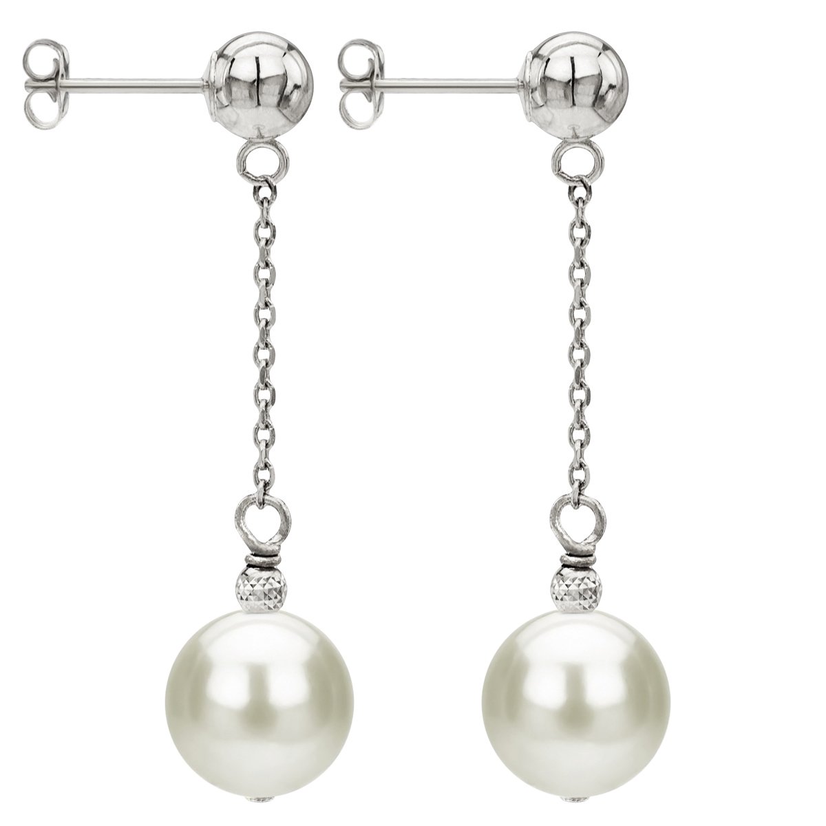 14K White Gold Ball Stud Freshwater Pearl Dangle Earrings for Women - 8-8.5mm Cultured Pearls, Elegant Jewelry Gift for Wedding, Anniversary & Special Occasions