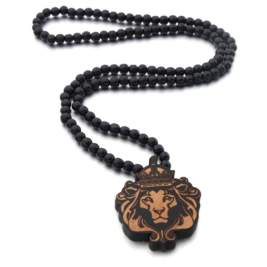 Amoyer Wooden Necklace for Men & Women - Engraved Pendant with Wooden Beads, Long Chain for Hip Hop Fashion | Perfect for Streetwear, Music Festivals & Boho Style Accessories