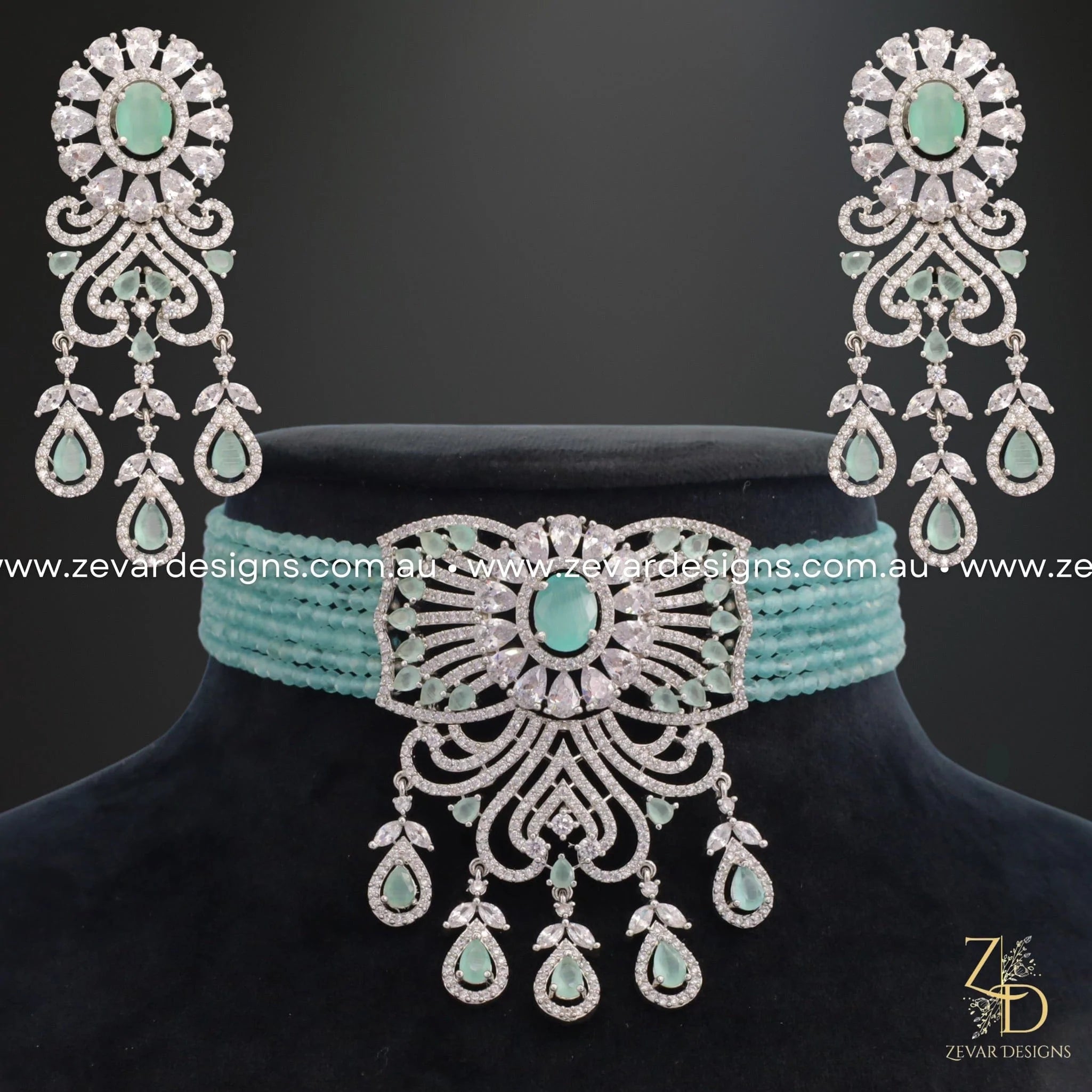 Zircon Choker Necklace in Mint Green with White Rhodium Plating - Elegant Jewelry for Women, Perfect for Weddings, Parties & Special Occasions
