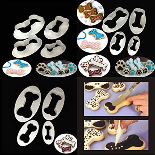 4-Piece White Plastic Dog Bone Cookie Cutter Set - Embosser & Cake Decorating Baking Mold Tools for Cookies, Cupcakes, and DIY Pet Treats