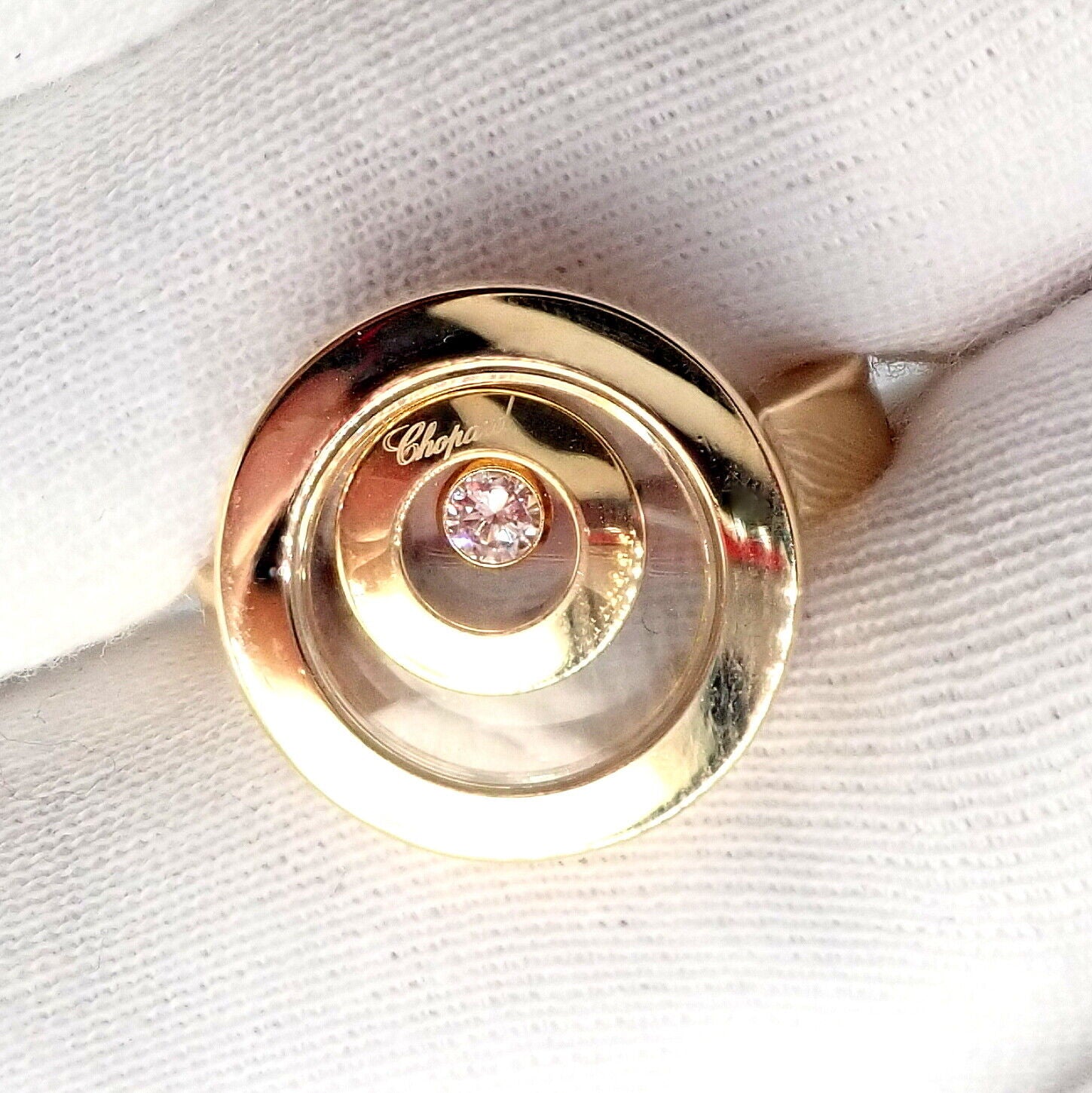 Authentic Chopard 18k Yellow Gold Diamond Double Circle Happy Spirit Ring - Luxury Jewelry for Women, Elegant Gift for Anniversary & Special Occasions