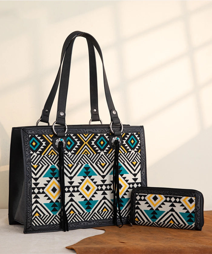 Montana West Southwestern Tooled Leather Tote Bag Set - Stylish Cowgirl Handbag for Women, Western Boho Purse for Work, Travel & Shopping