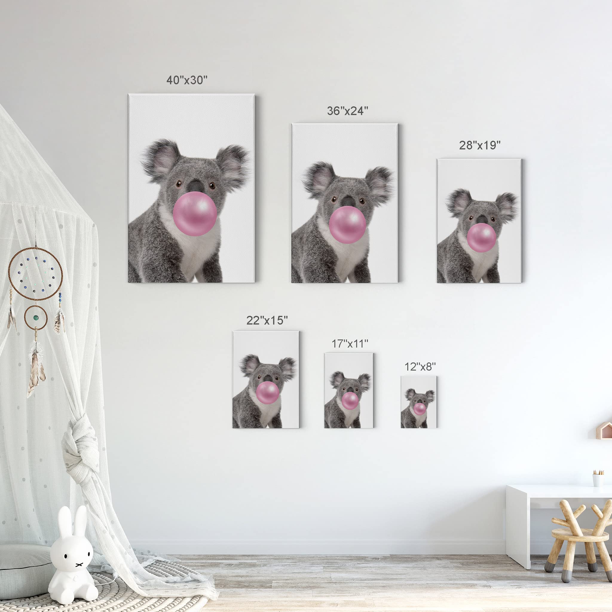 Smile Art Design Reindeer and Koala Animal Bubble Gum Canvas Print Set - Pink Gum Black & White Wall Art for Baby Nursery, Kids Room Decor (2 Panels, 28x19 Inches, Ready to Hang, Made in USA) - Perfect for Children's Bedrooms, Playrooms, and Gender-Neutral Nursery Themes