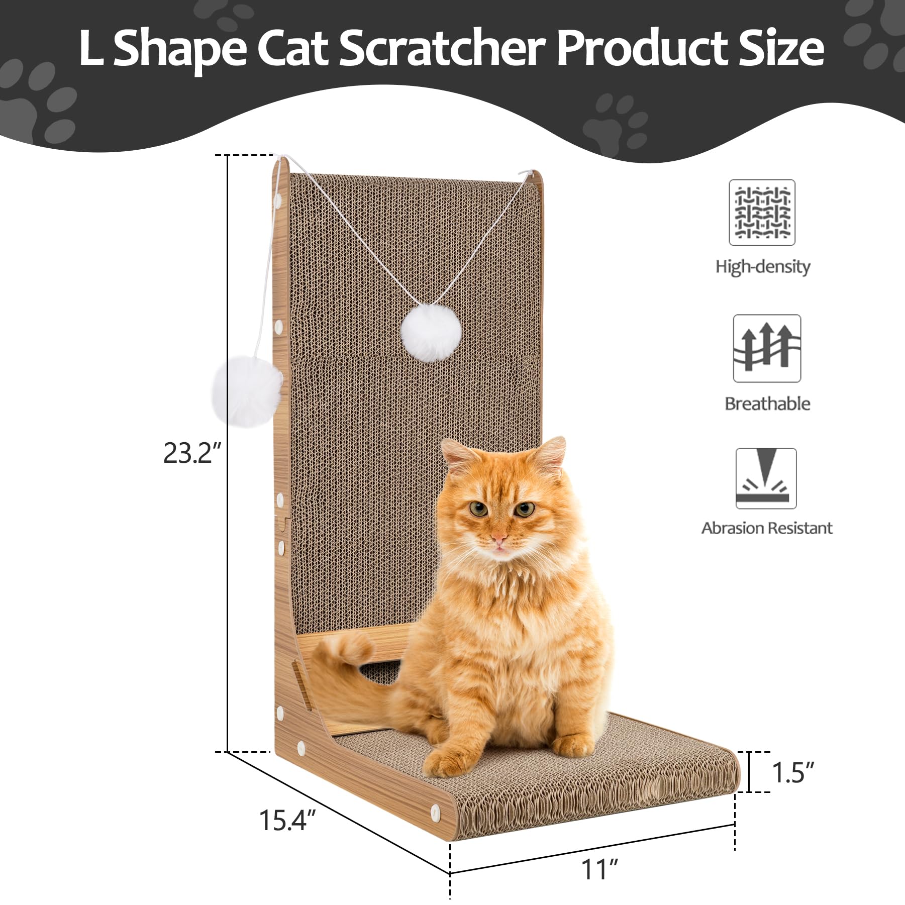 L-Shaped Cat Scratcher for Indoor Cats - Vertical Scratching Pad with 3 Ball Toys, Furniture Protector, Large Cardboard Cat Scratcher - Perfect for Playtime & Sofa Protection