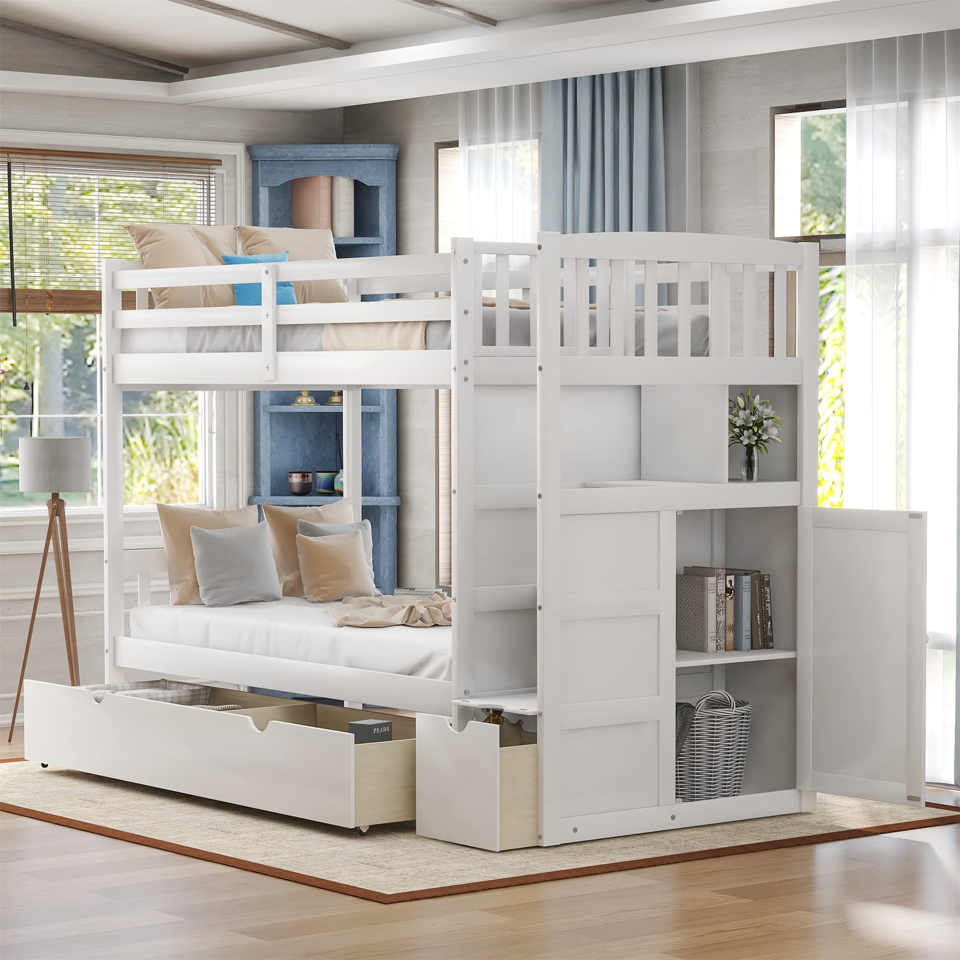 Harper & Bright Designs Twin Over Twin/Full Bunk Bed with Stairway - Convertible Bottom Bed, Wooden Bunk Bed with Storage Shelves & Drawers (White) - Perfect for Kids' Bedroom, Space-Saving Solution for Small Rooms & Shared Bedrooms