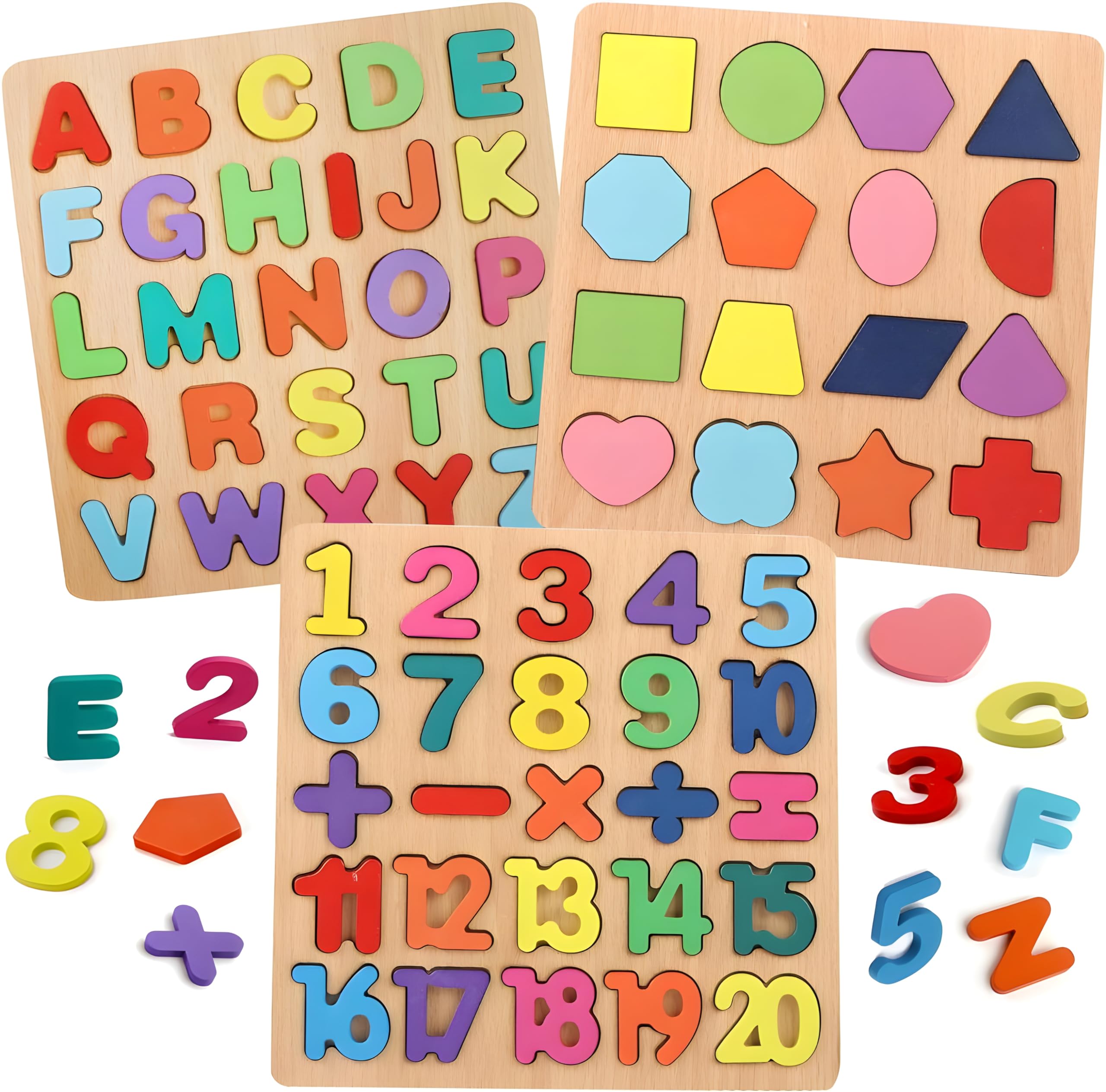 BONIRY Wooden ABC Alphabet, Number & Shape Puzzle Toys for Toddlers Ages 2-4 - Educational Learning Toys for Kids - Perfect Gift for Preschool Boys & Girls - Montessori Classroom & Homeschool Activities