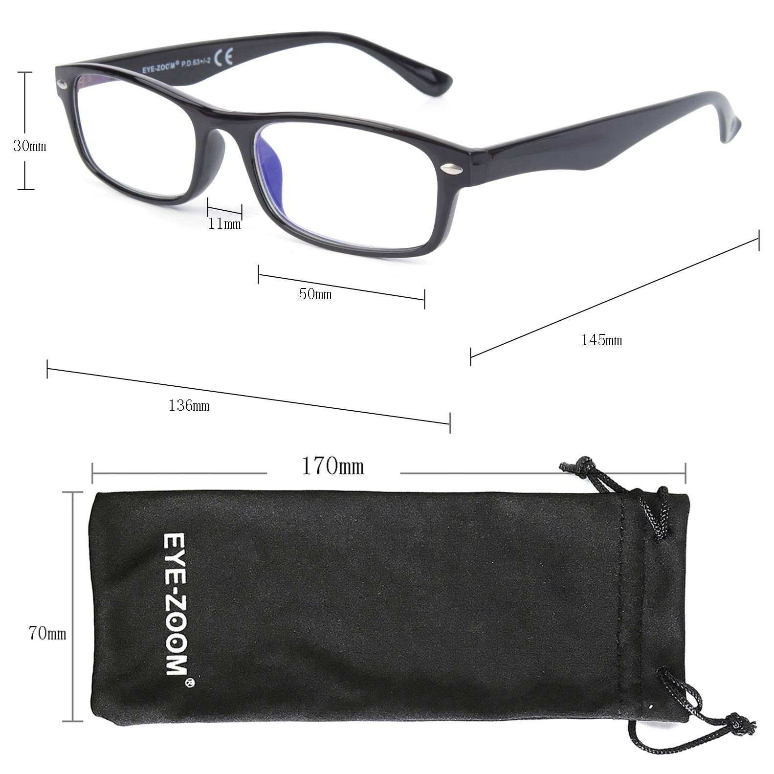 3 Pack Blue Light Blocking & UV Protection Reading Glasses - Rectangular Plastic Frame for Computer, Office Work & Night Reading (Reduce Eye Strain & Improve Sleep)