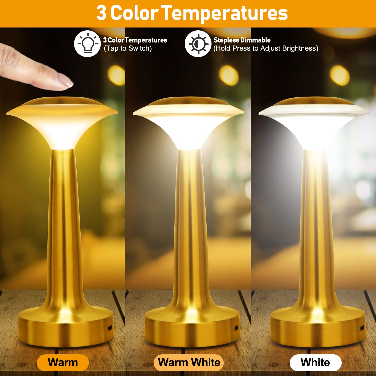 UMEXUS Small Cordless Table Lamp - Rechargeable Battery Operated LED Night Light with Dimmable Touch Control, Portable Ambient Lighting for Bedroom, Restaurant, Bar, Patio, Dining Table - Gold Finish for Warm Home Decor