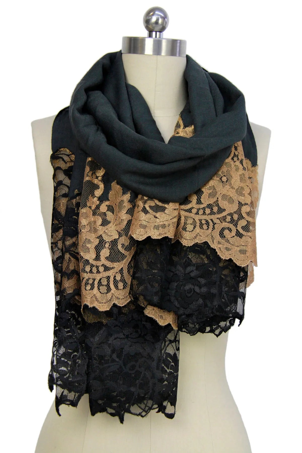 Elegant Black and Gold Lace Scarf for Women - Fashionable Wrap Shawl for Evening Parties, Weddings & Special Occasions