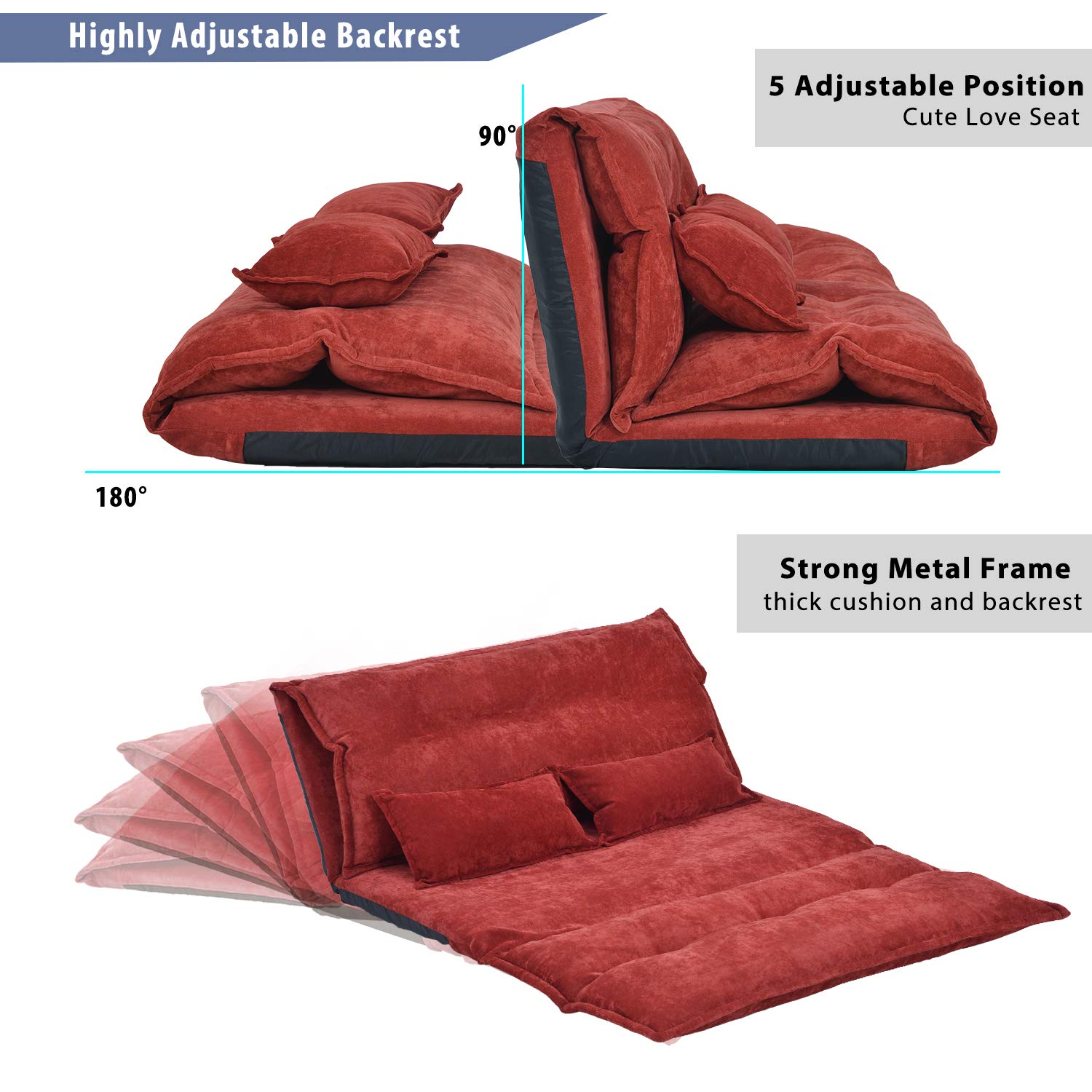 Adjustable Lazy Sofa Bed - Modern Floor Sofa for Gaming & Leisure with 2 Pillows - Polyester Red - Perfect for Living Room, Bedroom & Small Spaces