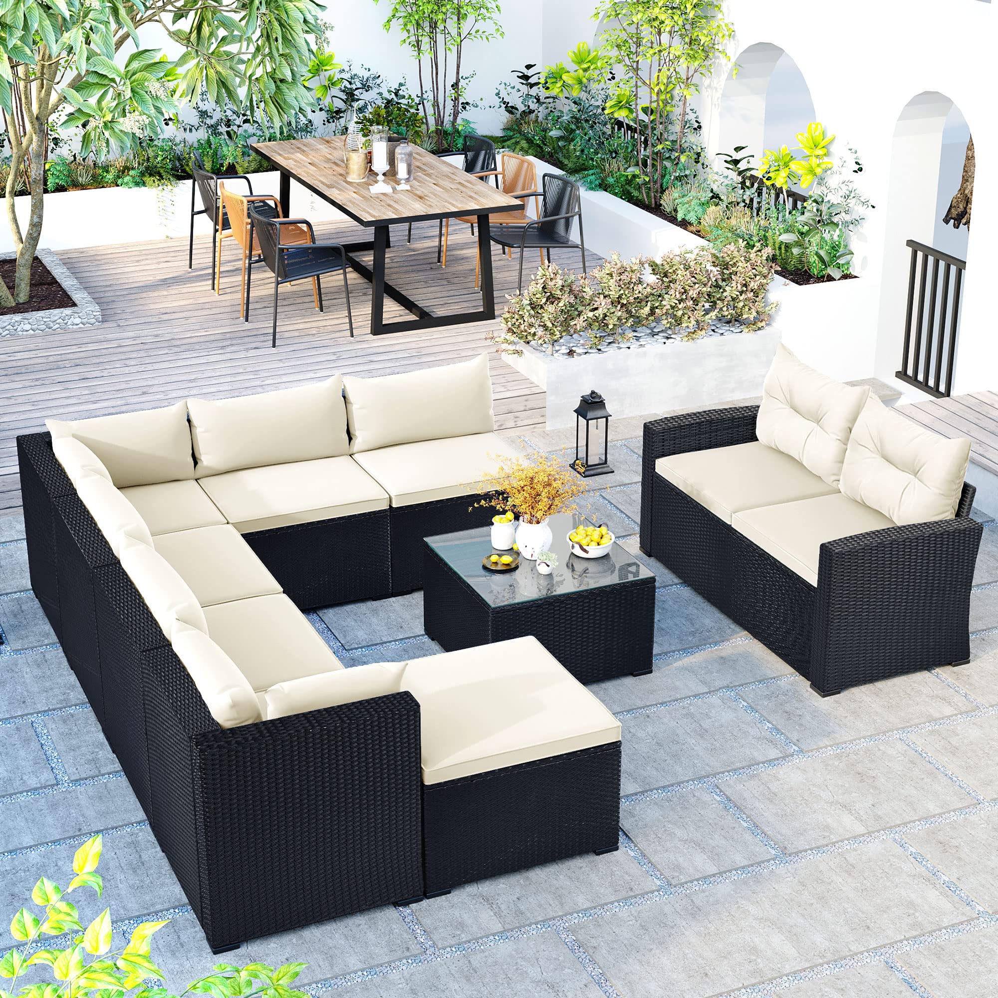 9-Piece Outdoor Patio Furniture Set - Large Wicker Rattan Sofa Sectional with Beige Cushions - Black Synthetic Wicker for Garden, Backyard, Porch & Poolside - Perfect for Relaxing, Entertaining & Outdoor Lounging