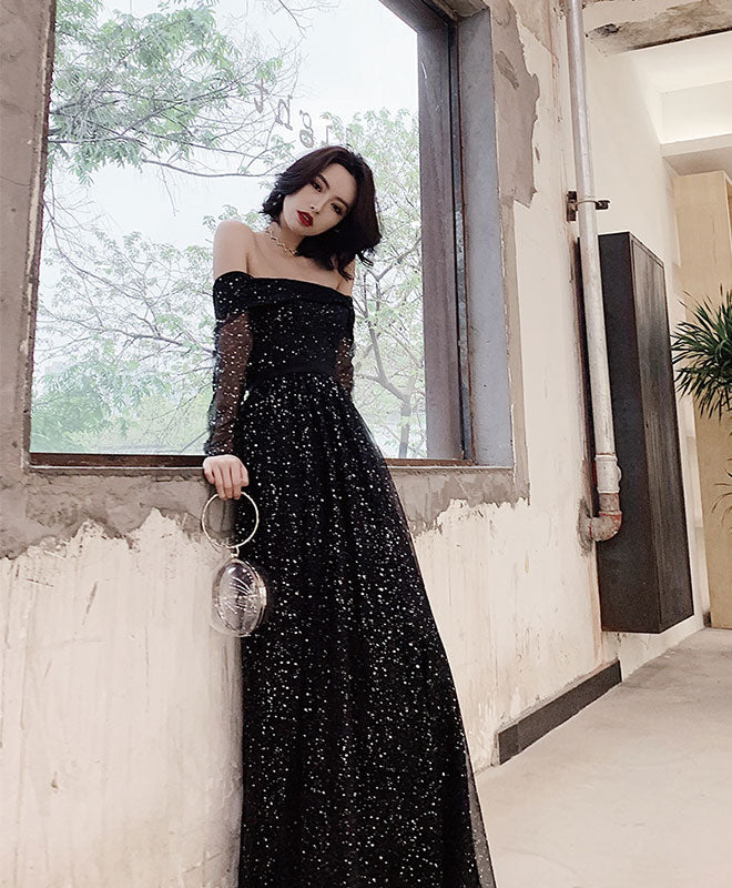Elegant Black Tulle Long Prom Dress with Shiny Details - Formal Evening Gown for Homecoming, Wedding, and Special Occasions