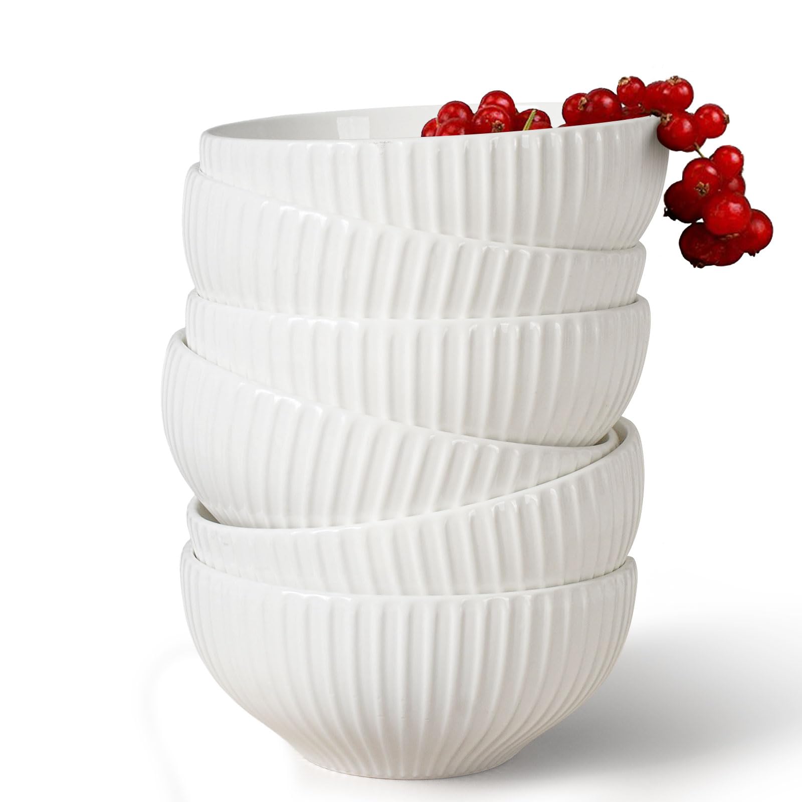 Artena 26oz Ceramic Cereal Bowls Set of 6 - Thick Stripe Embossed Soup Bowls for Rice, Pasta & Salad - Microwave & Dishwasher Safe White Kitchen Bowls (6 Inch) - Perfect for Breakfast, Lunch, Dinner & Entertaining