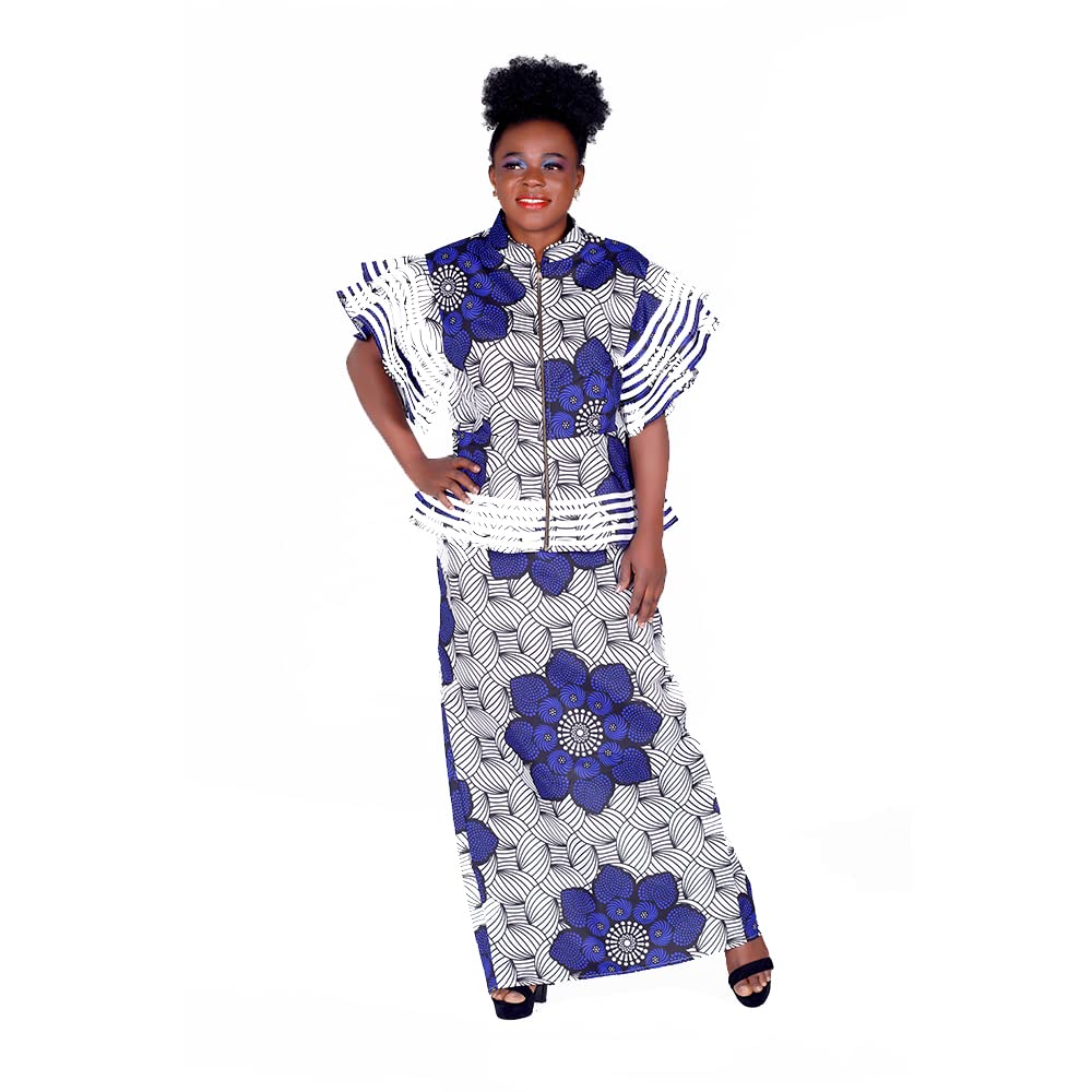 BAZINRICHE African Print Women's Dashiki Dress & Skirt Set - Ankara Bazin Riche Zipper Top Outfit for Parties, Weddings & Cultural Events