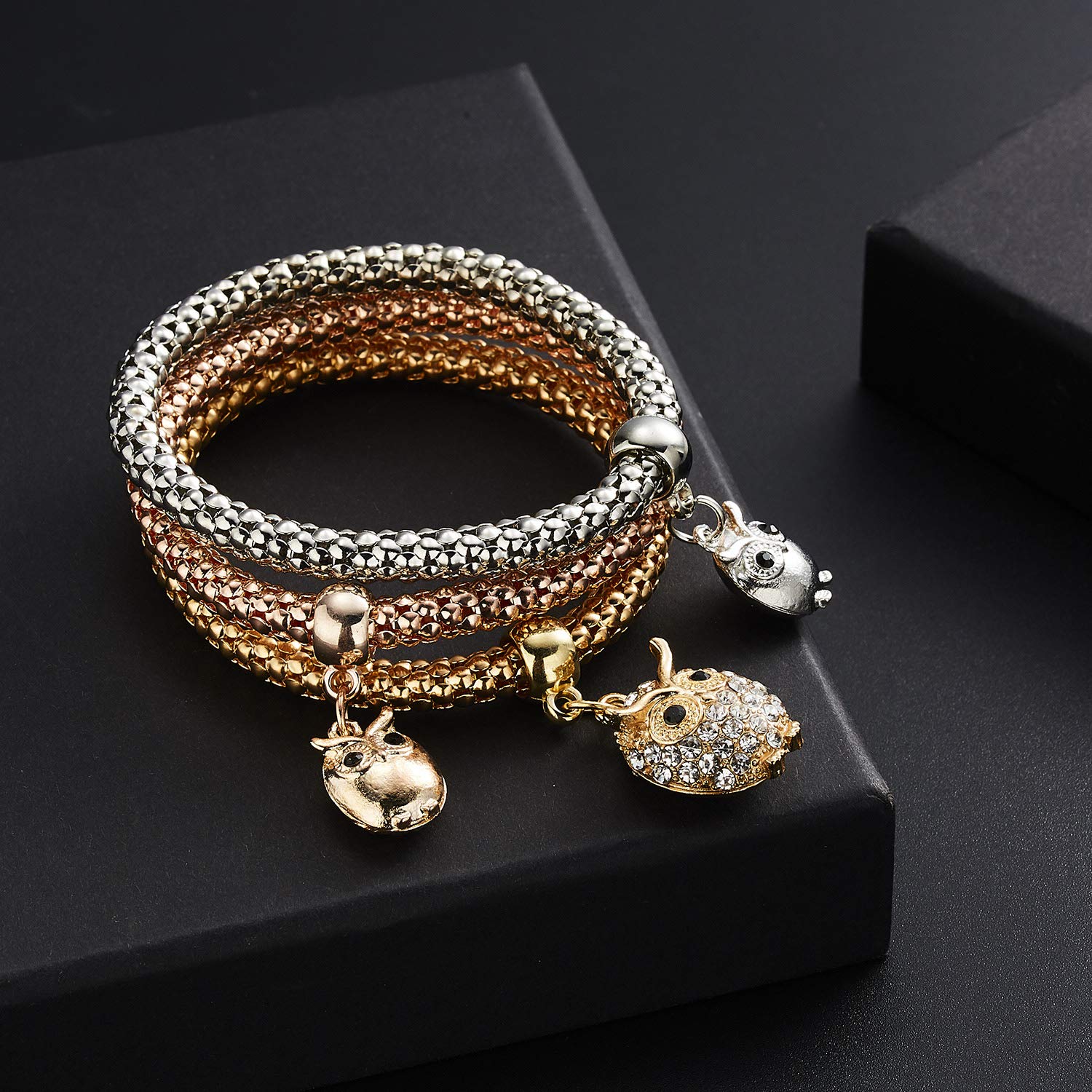RINHOO 3-Piece Friendship Bracelet Set - Gold, Silver & Rose Gold Corn Chain Crystal Stretch Bracelets for Women | Layered Charm Jewelry for Everyday Wear, Gifts & Special Occasions