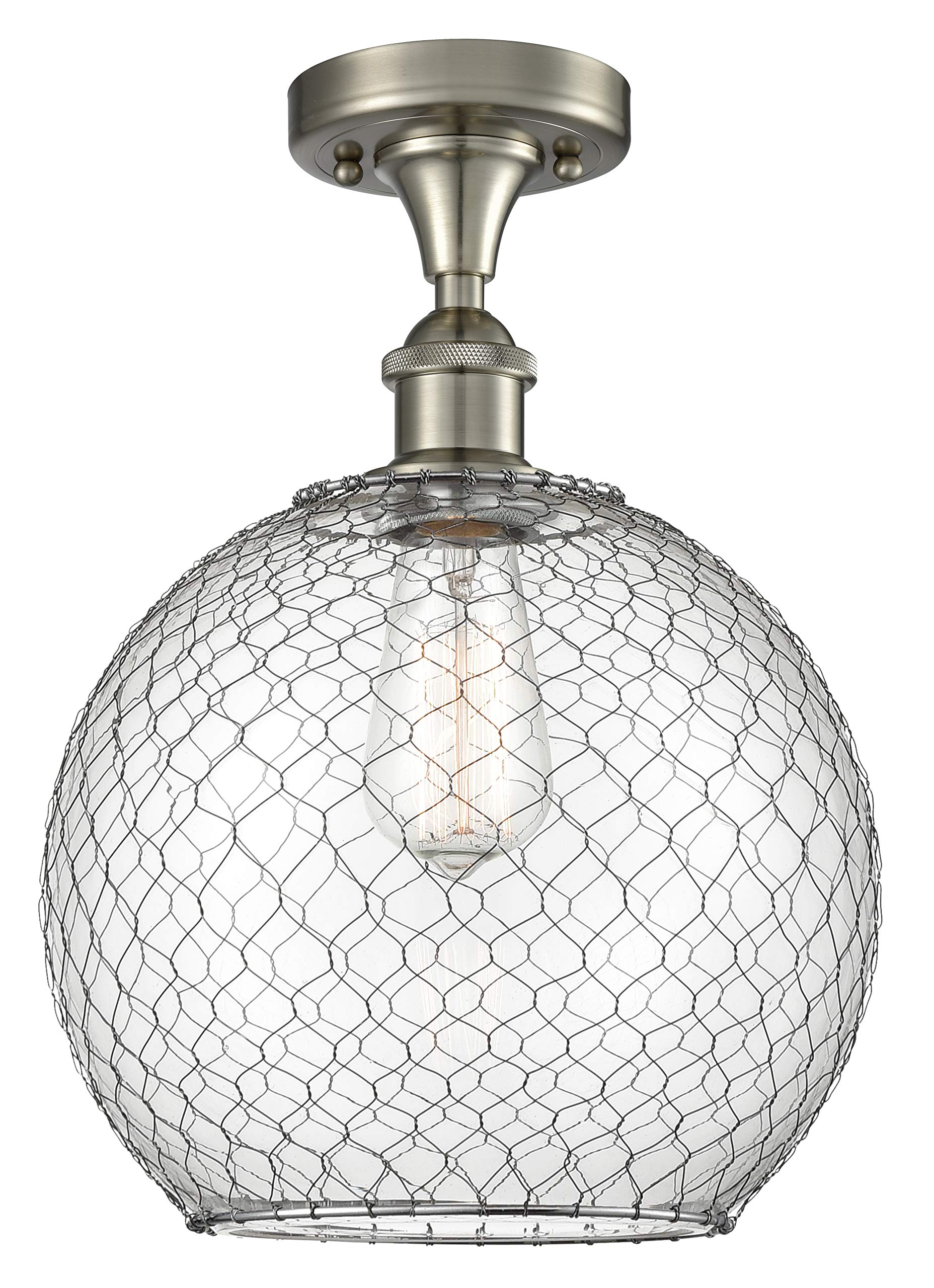 Large Farmhouse Chicken Wire 1 Light Semi-Flush Mount Ceiling Light - Brushed Satin Nickel Finish - Ballston Collection - Perfect for Kitchen, Dining Room & Rustic Home Decor