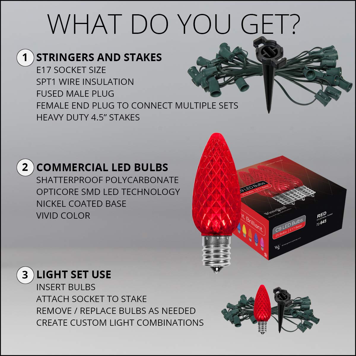 25ft Wintergreen OptiCore LED Red Pathway Christmas Lights - C9 Driveway Lights with 4.5