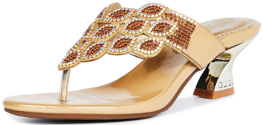 LizFoYa Women's Gold Chunky Low Heel Rhinestone Thong Strap Sandals - Comfortable Dressy Summer Shoes for Weddings, Parties & Beach Vacations