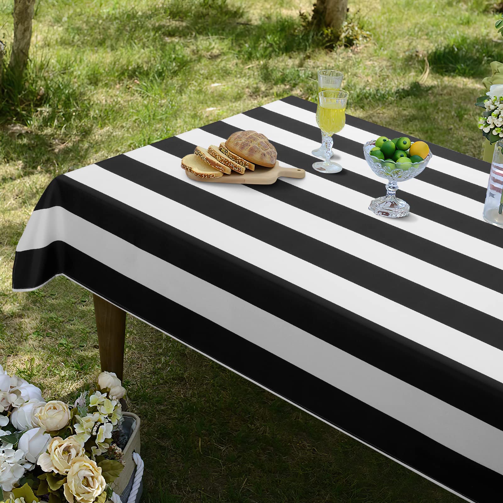 ASPMIZ Black and White Striped Tablecloth - Waterproof Polyester Rectangle Table Cover 55” x 55” for Kitchen & Dining Room - Perfect for Parties, Picnics, and Everyday Use