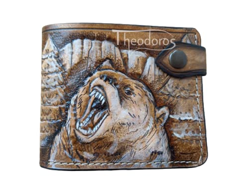 Grizzly Bear Forest Hunter Hunting Mens 3D Genuine Leather Bifold Wallet - Handmade Carved Tooled Airbrush Art Custom Personalized Gift for Outdoorsmen (Camping, Hiking, Fishing)