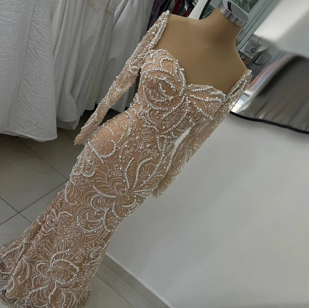Luxury Dubai Nude Mermaid Evening Gown with Pearls Beading - Arabic Formal Dress LA72648 for Weddings, Galas & Special Occasions