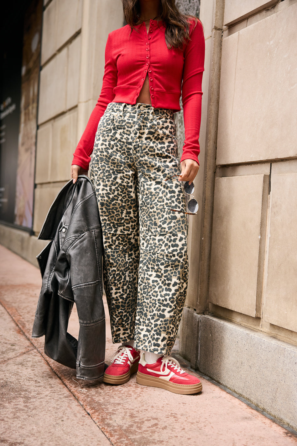 Lisette High Waist Barrel Jeans in Leopard Print - Women's Vintage Style Stretch Denim Pants for Casual Outfits & Night Out