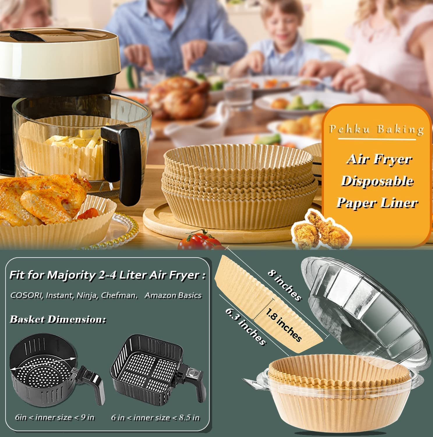 100 PCS 6.3 Inch Air Fryer Liners Disposable - Unbleached Non-Stick Parchment Paper Sheets for Healthy Cooking | Perfect for Air Fryers, Baking, Roasting & Meal Prep | TikTok Viral Kitchen Must Have