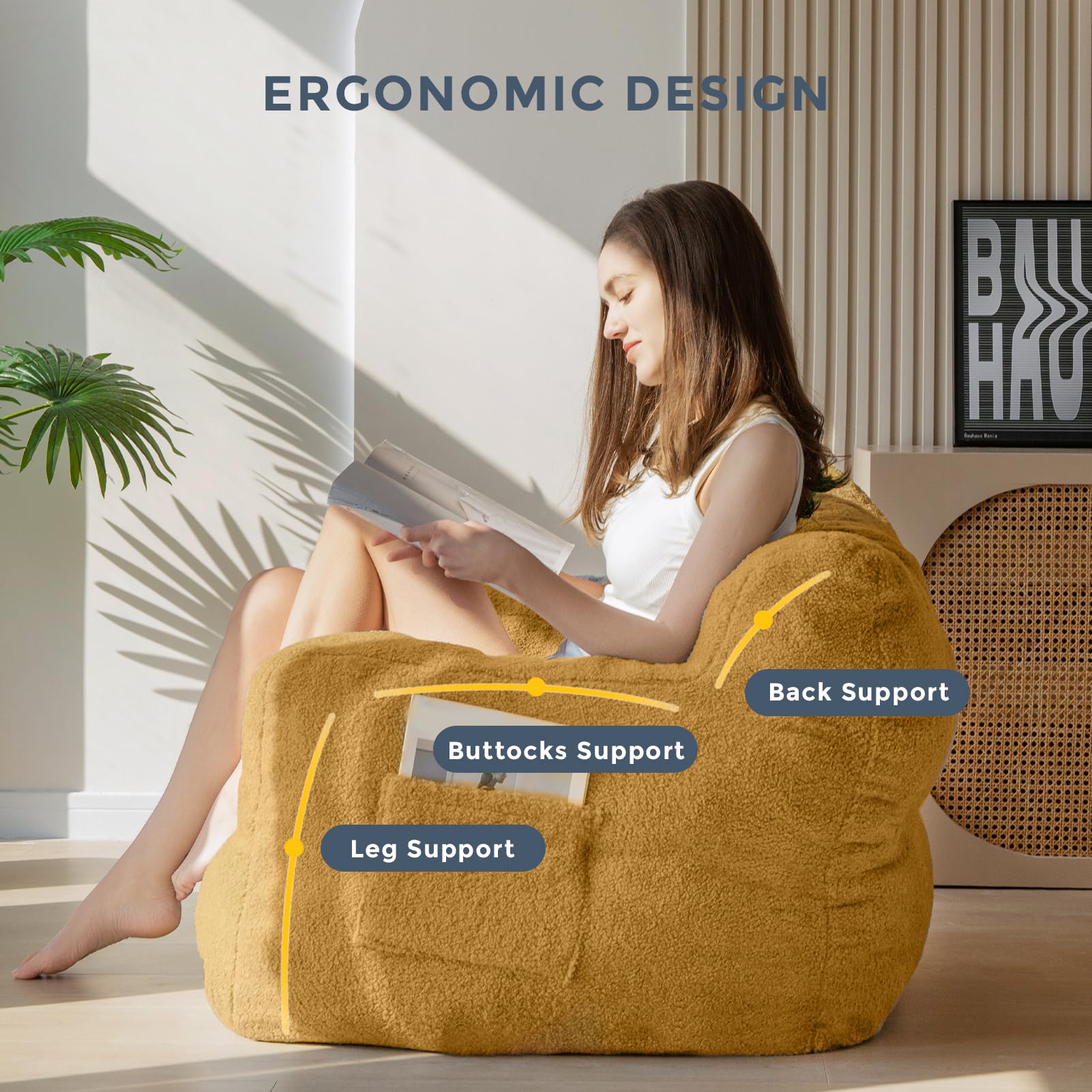 MAXYOYO Sherpa Bean Bag Chair - Soft Boucle Tufted Bean Bag Couch for Living Room, Bedroom & Game Room - Comfortable Lazy Sofa for Adults & Kids - Cozy Yellow Lounge Chair for Relaxing, Reading & Gaming
