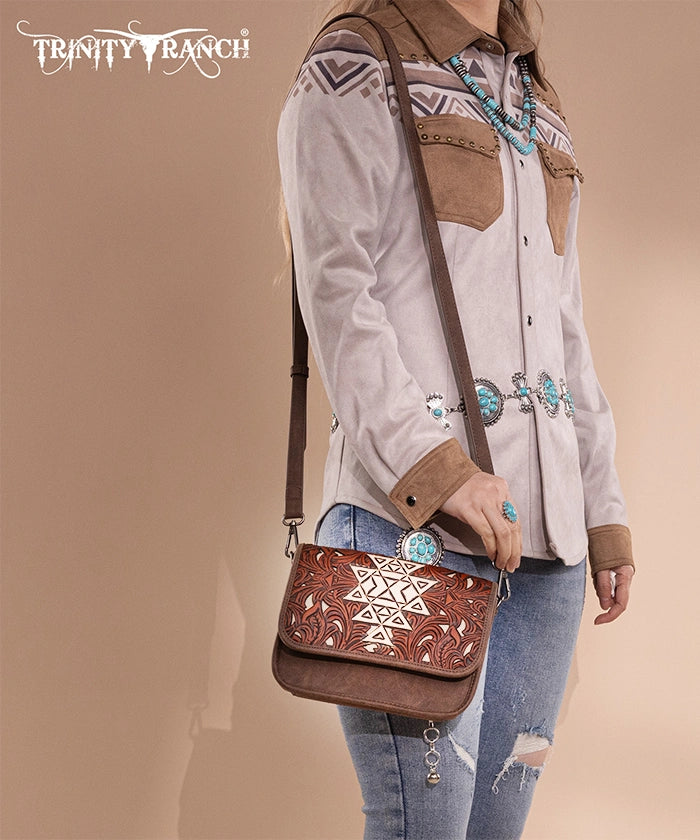 Trinity Ranch Aztec Tooled Leather Crossbody Purse for Women - Stylish Boho Handbag for Everyday Use, Travel & Casual Outings