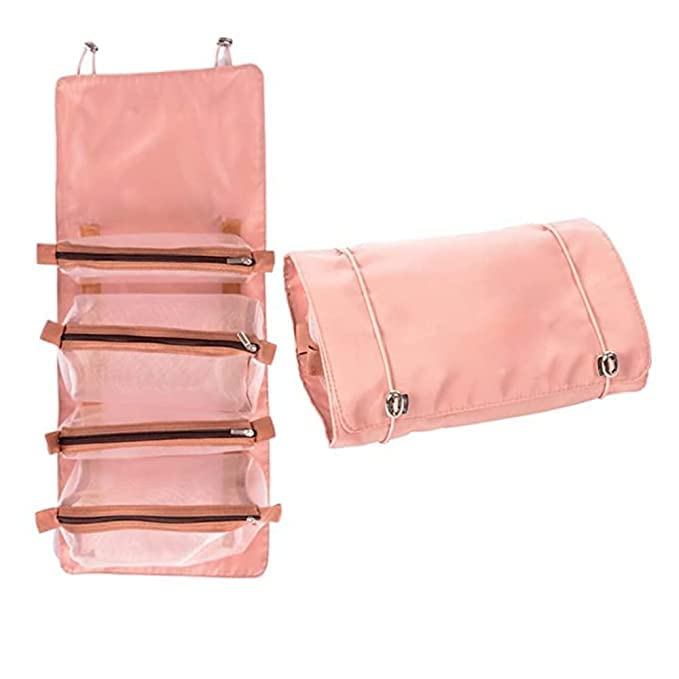 4-in-1 Foldable Hanging Travel Makeup Organizer Bag - Waterproof Cosmetic & Toiletry Storage Pouch for Women (Pink) | Perfect for Vacation, Business Trips & Daily Use