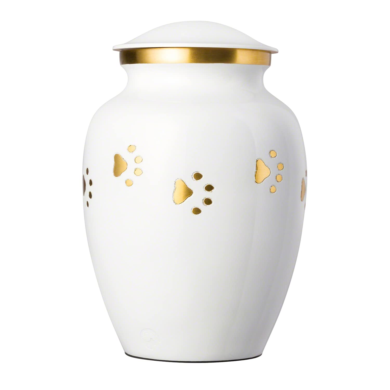 Pet Urn for Dogs and Cats - Ottillie Paws Tribute Series, Small Cloud White with Horizontal Brass Paws, Walnut Base, Brass/Black Plate - Perfect for Memorial Keepsakes and Home Display