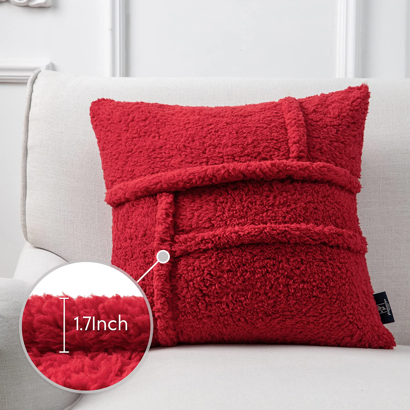 Phantoscope 2-Pack Christmas Sherpa Throw Pillow Covers - Soft Faux Fur Fluffy Decorative Cushion Cases (12x20 Inches, Red) for Bedroom, Sofa & Holiday Decor