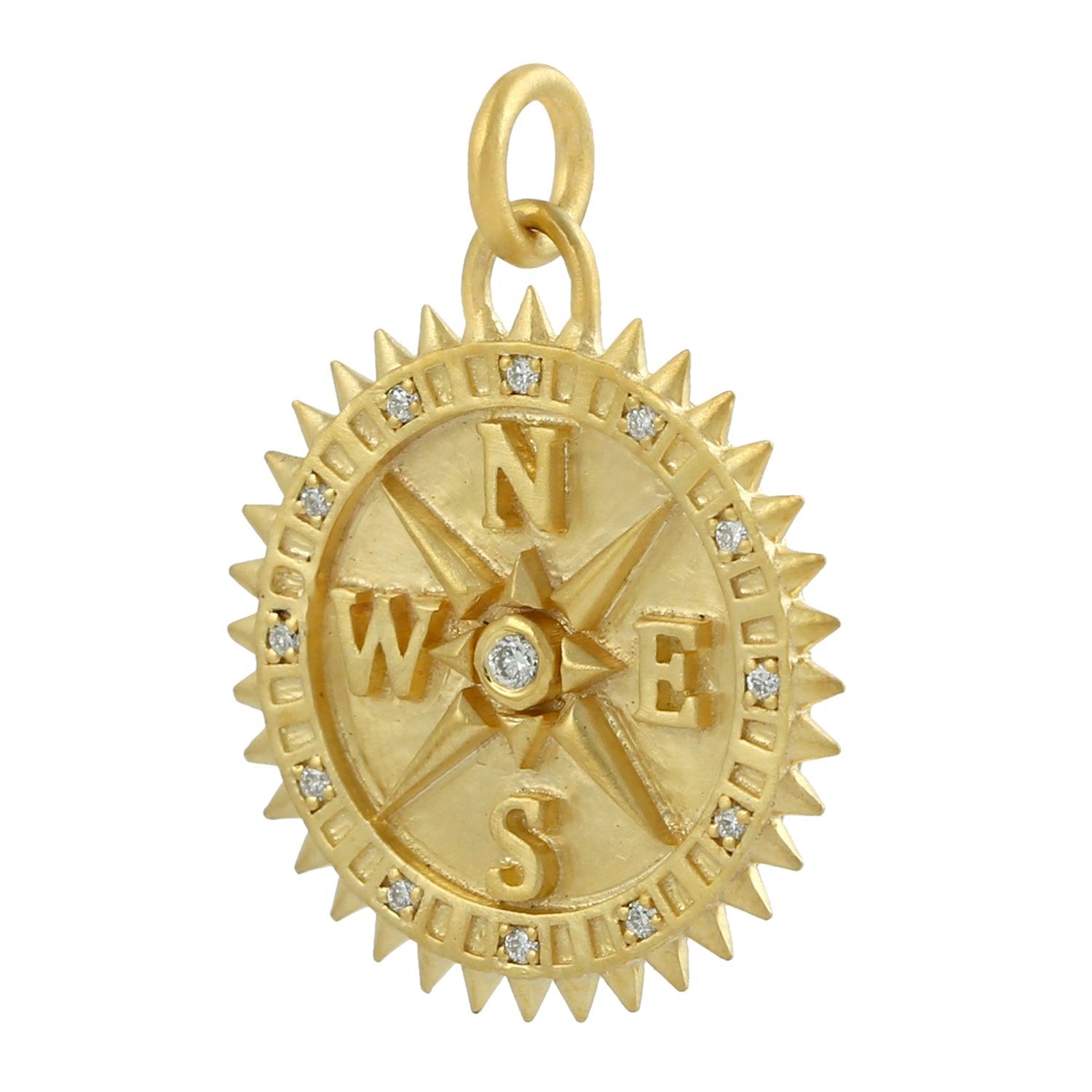 14K Yellow Gold Micro Pave Diamond Travel Compass Pendant Necklace - Perfect for Adventure Lovers & Outdoor Enthusiasts
