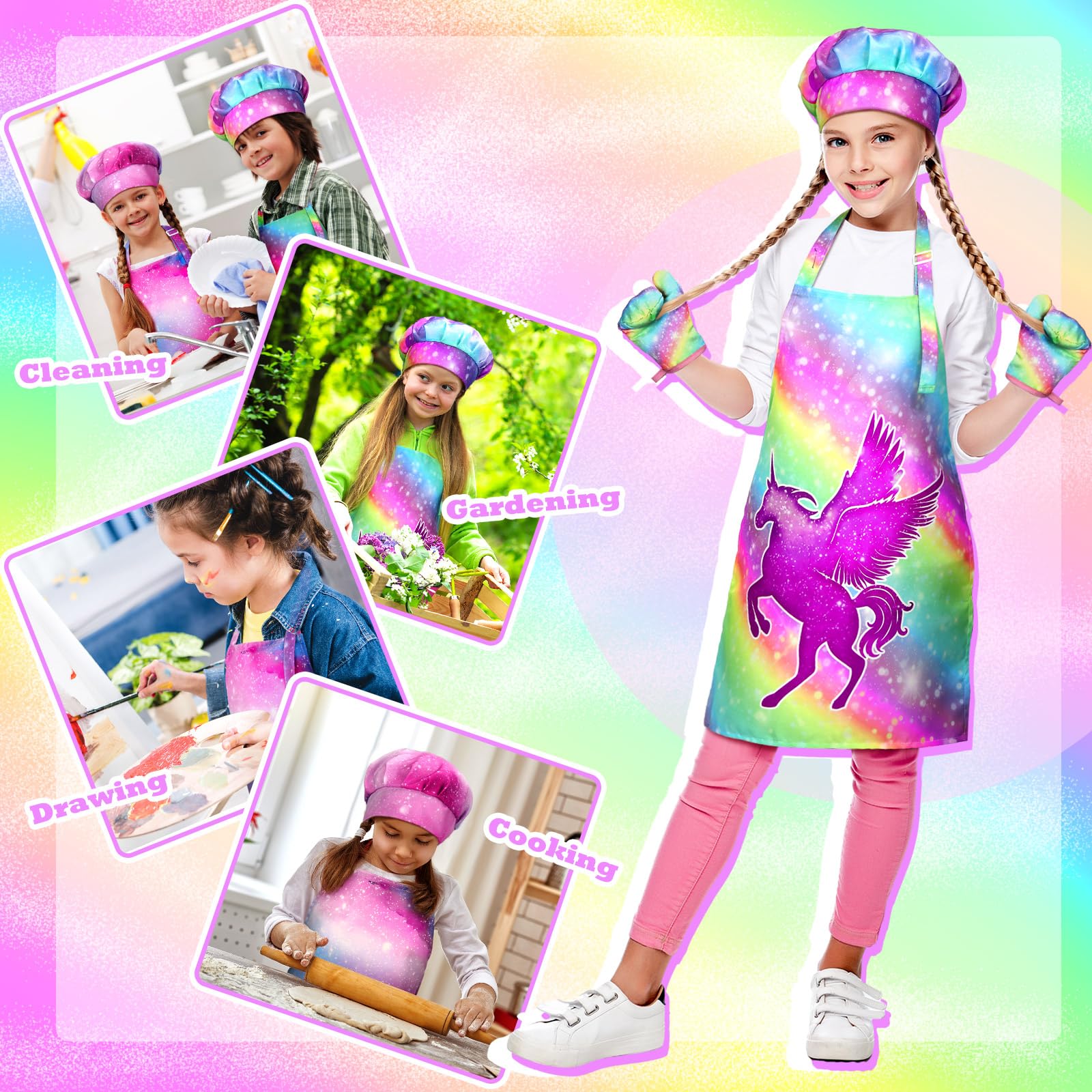 **Hercicy 8-Piece Kids Apron and Chef Hat Set for Cooking, Baking & Painting - Toddler & Girls Ages 5-12 - Includes Oven Mittens - Perfect for Pretend Play, Kitchen Help & Art Activities**