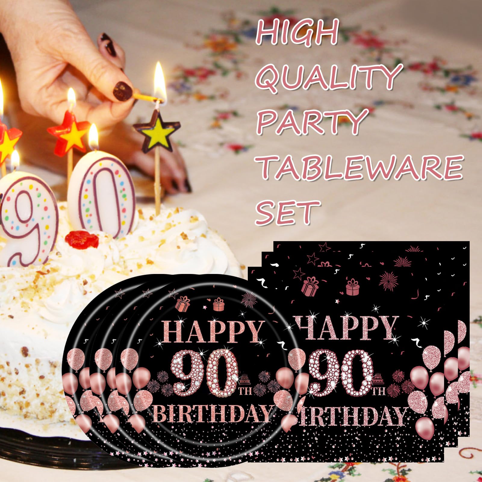 90th Birthday Party Decorations for Women - 40PCS Disposable Tableware Set with Plates & Napkins - Perfect for 90 Years Old Celebration, Milestone Birthday Party & Special Occasions