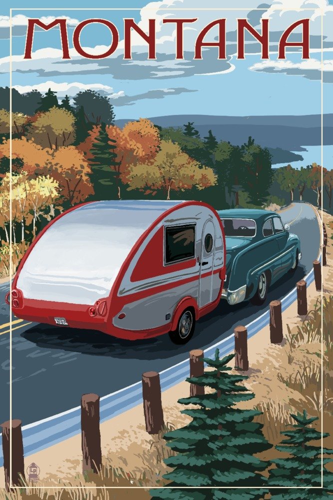 Retro Camper on Road Wall Art - 16x24 Wrapped Canvas Print - Montana Landscape Decor for Living Room, Bedroom & Office