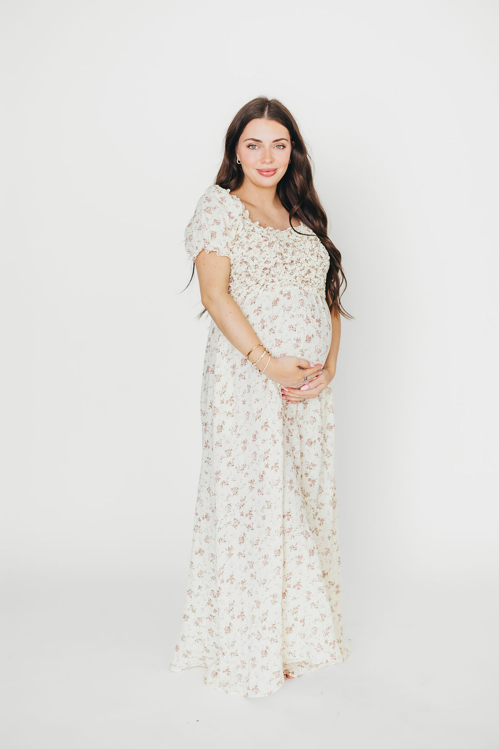 Emilia 100% Cotton Smocked Maxi Dress - Ivory/Mauve Floral Print, Bump Friendly Maternity Dress for Women | Perfect for Beach Vacations, Summer Weddings & Casual Outings