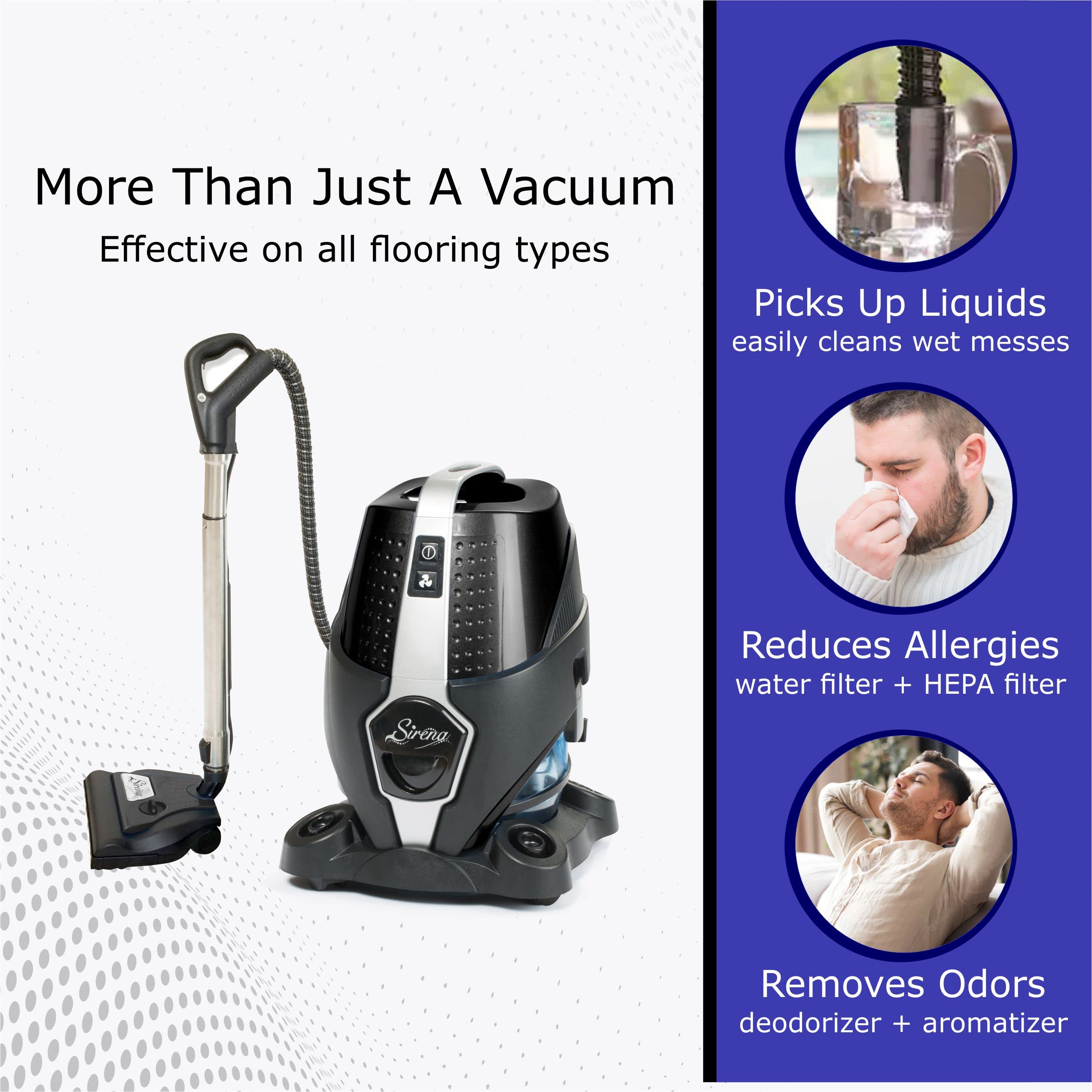 Sirena Bagless Vacuum Cleaner Black Platinum - Powerful HEPA Water Filtration System for Pet Hair & Allergies - Turbo Brush for Hardwood Floors & Carpets - Multi-Functional Air Purifier & Essential Oil Diffuser - Perfect for Pet Owners & Allergy Sufferers in Homes with Hardwood Floors