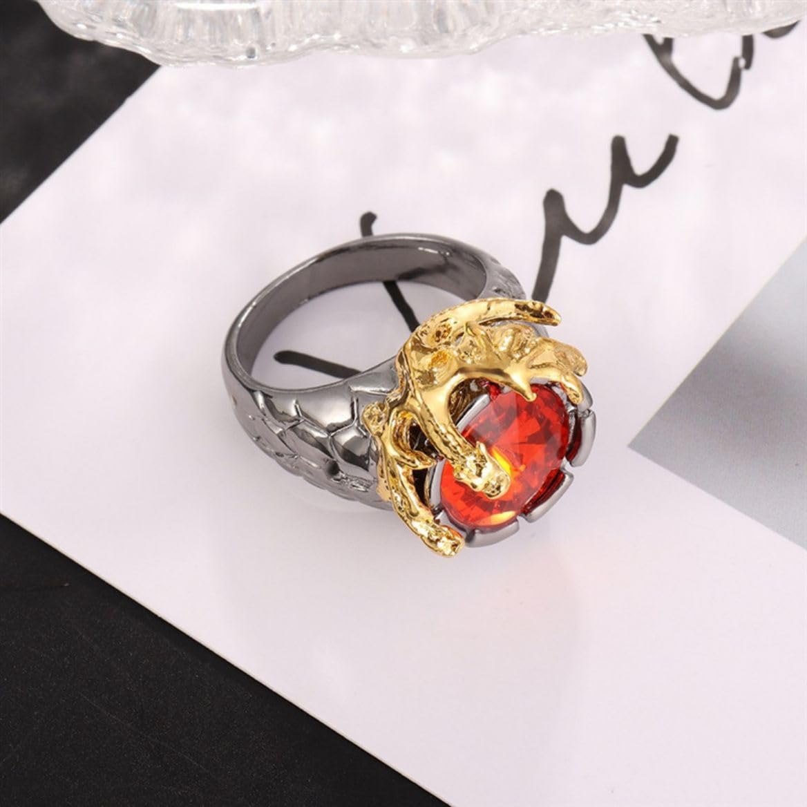 Red Stone Wings Dragon Ring for Men - Gothic Rhinestone Dragon Claw Jewelry with Red Crystals | Punk Hip Hop Animal Jewelry, Red Ruby Dragon Wing Totem Ring | Perfect for Gothic Fashion, Cosplay, and Punk Rock Outfits
