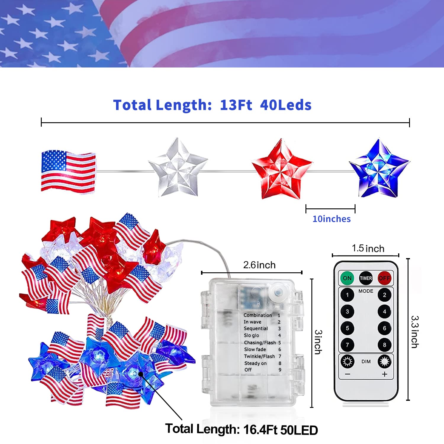 13FT 40LED Battery Operated Patriotic Lights with Remote & Timer - USA Flag Fairy String Lights for 4th of July Decorations, Independence Day, Memorial Day - Perfect for Indoor Home, Party, Backyard, and Holiday Celebrations