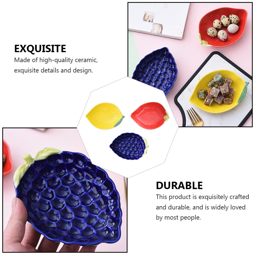 3Pcs Ceramic Dessert Plates - Cute Fruit-Shaped Snack Bowls for Dried Fruits, Salads, Sauces & Seasonings (Grape, Strawberry, Lemon) | Perfect for Tea Parties, Picnics & Home Decor