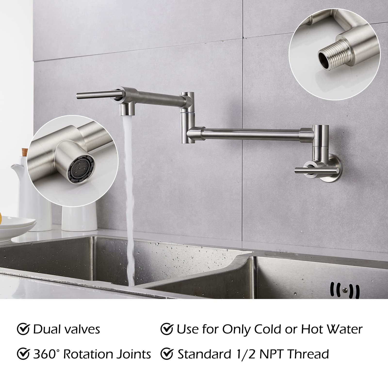 Brushed Nickel Wall Mount Pot Filler Faucet - Double Joint Swing Arm, Stainless Steel Commercial Kitchen Sink Faucet with Two Handles - Perfect for Cooking, Filling Large Pots & Commercial Kitchens