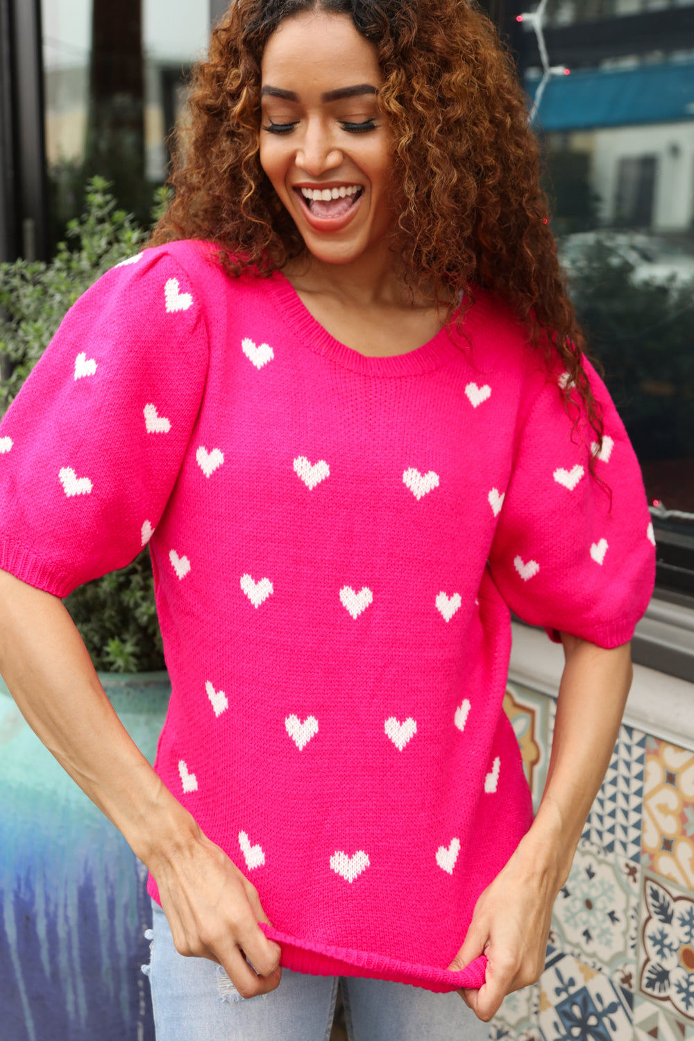 Be Mine Pink & White Heart Oversized Jacquard Sweater | Women's Valentine's Day Knit Pullover | Cozy Winter Fashion for Date Night & Casual Outings