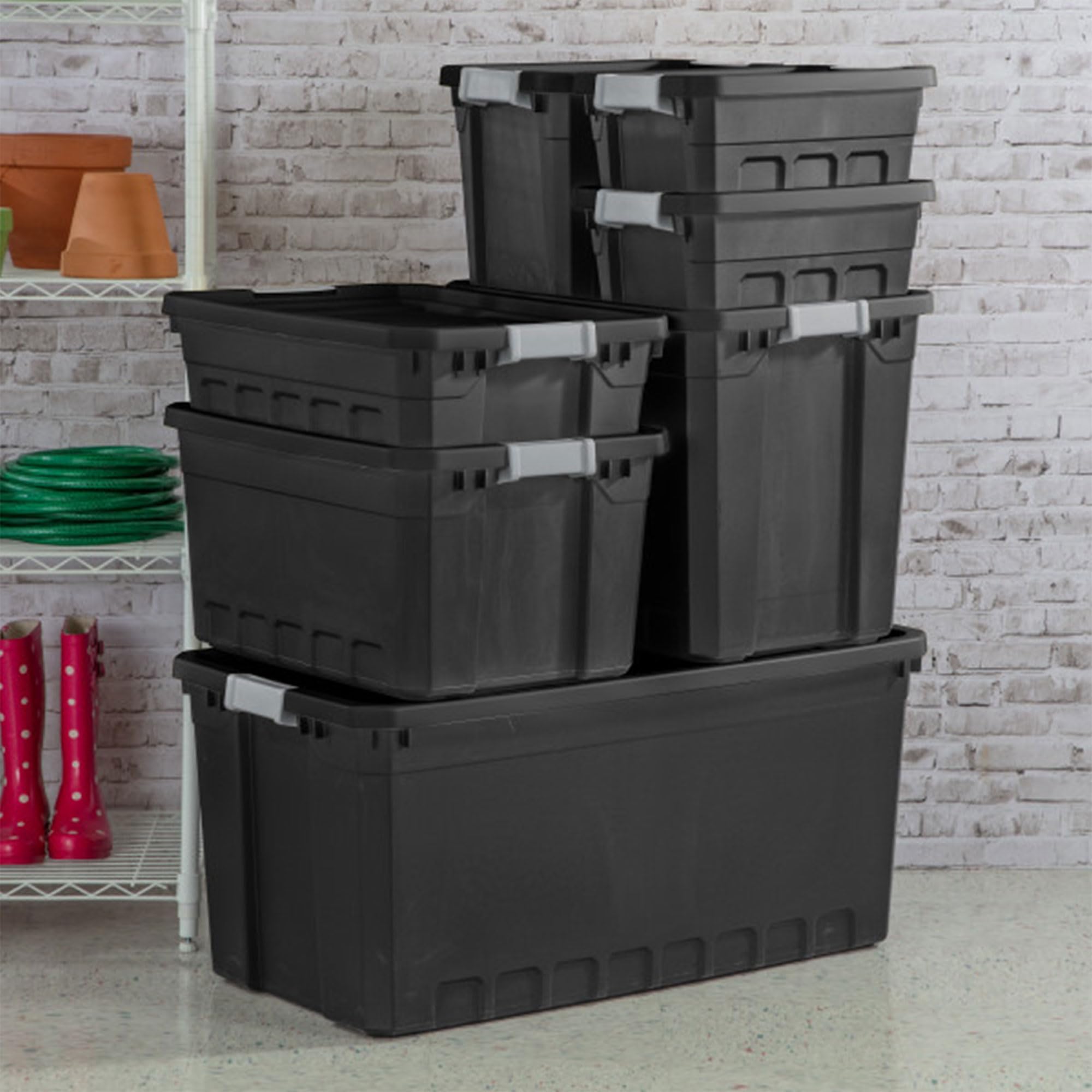 Sterilite 6-Pack 50 Gallon Black Plastic Storage Bins with Lids - Stackable Organizing Containers for Home, Garage & Office Storage Solutions