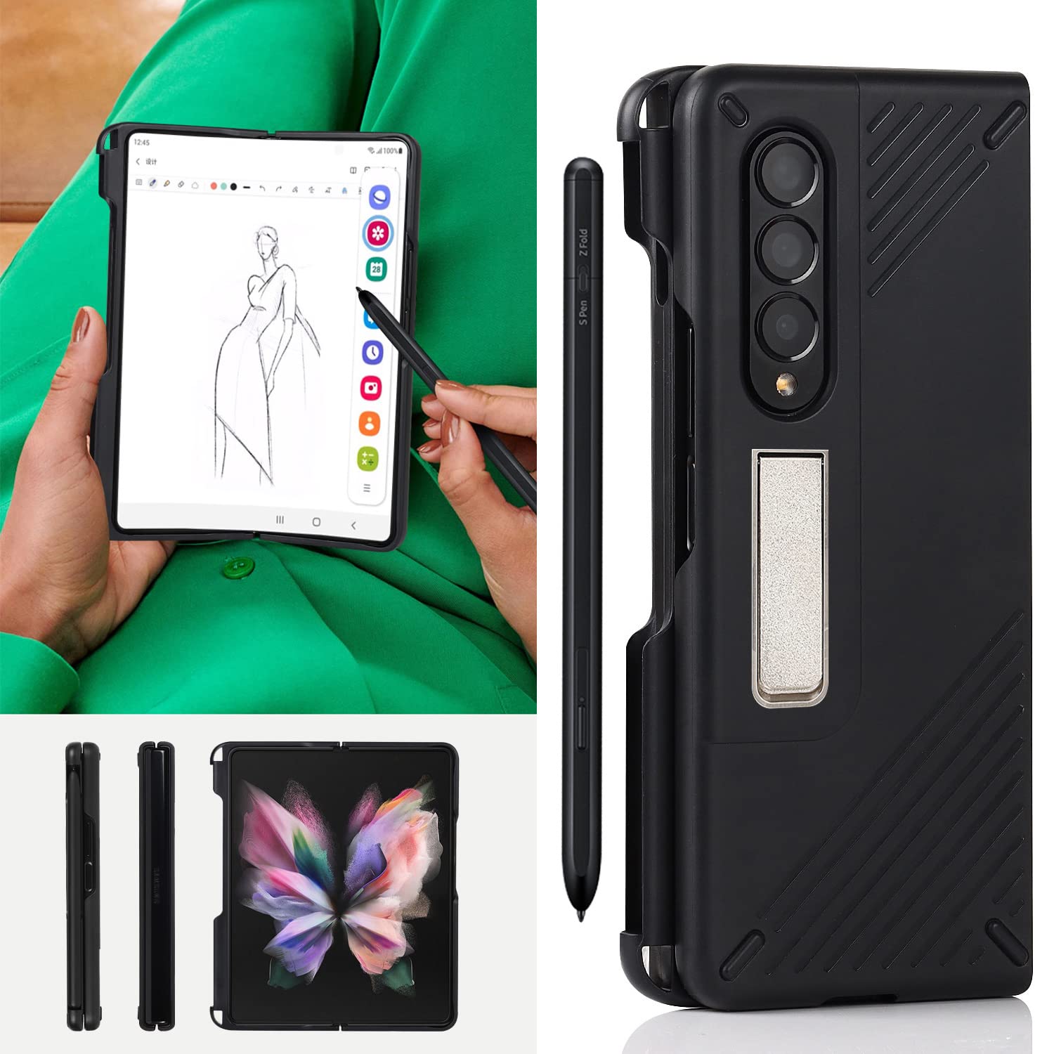Samsung Galaxy Z Fold 3 Case with S Pen Holder & Kickstand - Black for Work & Travel